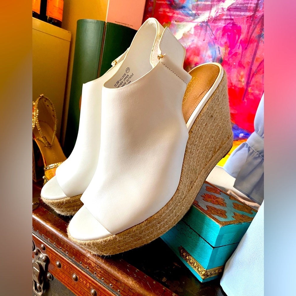 Perfect Summer Wedges AEROSOLES Martha Stewart White Leather Rafia Platforms 💖